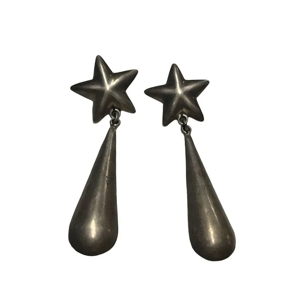 SOLD Rare Taxco Sterling Silver Star Drop Earrings Vintage 1970s - Picture 3 of 11